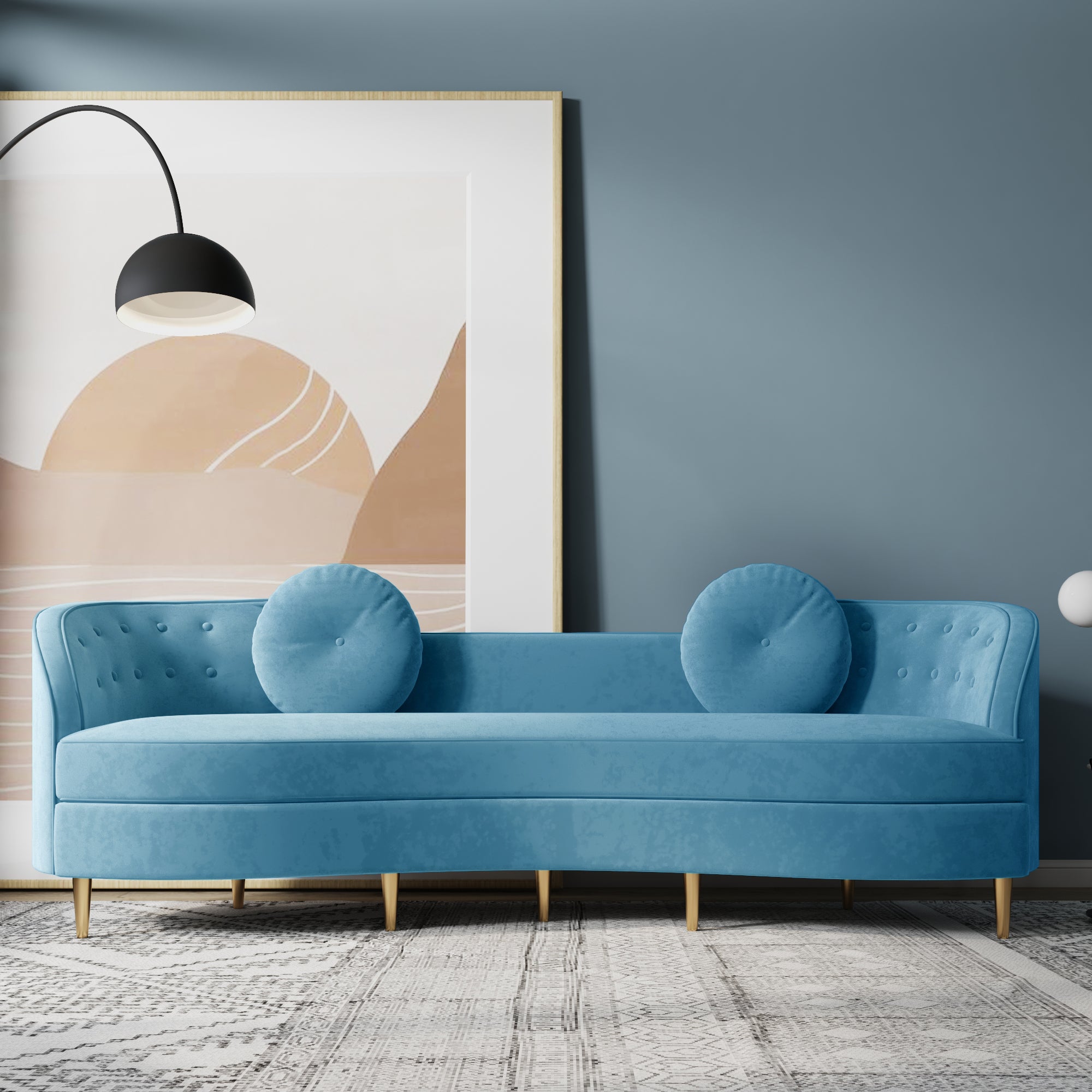 Light Blue Velvet Sofa With Solid Wood