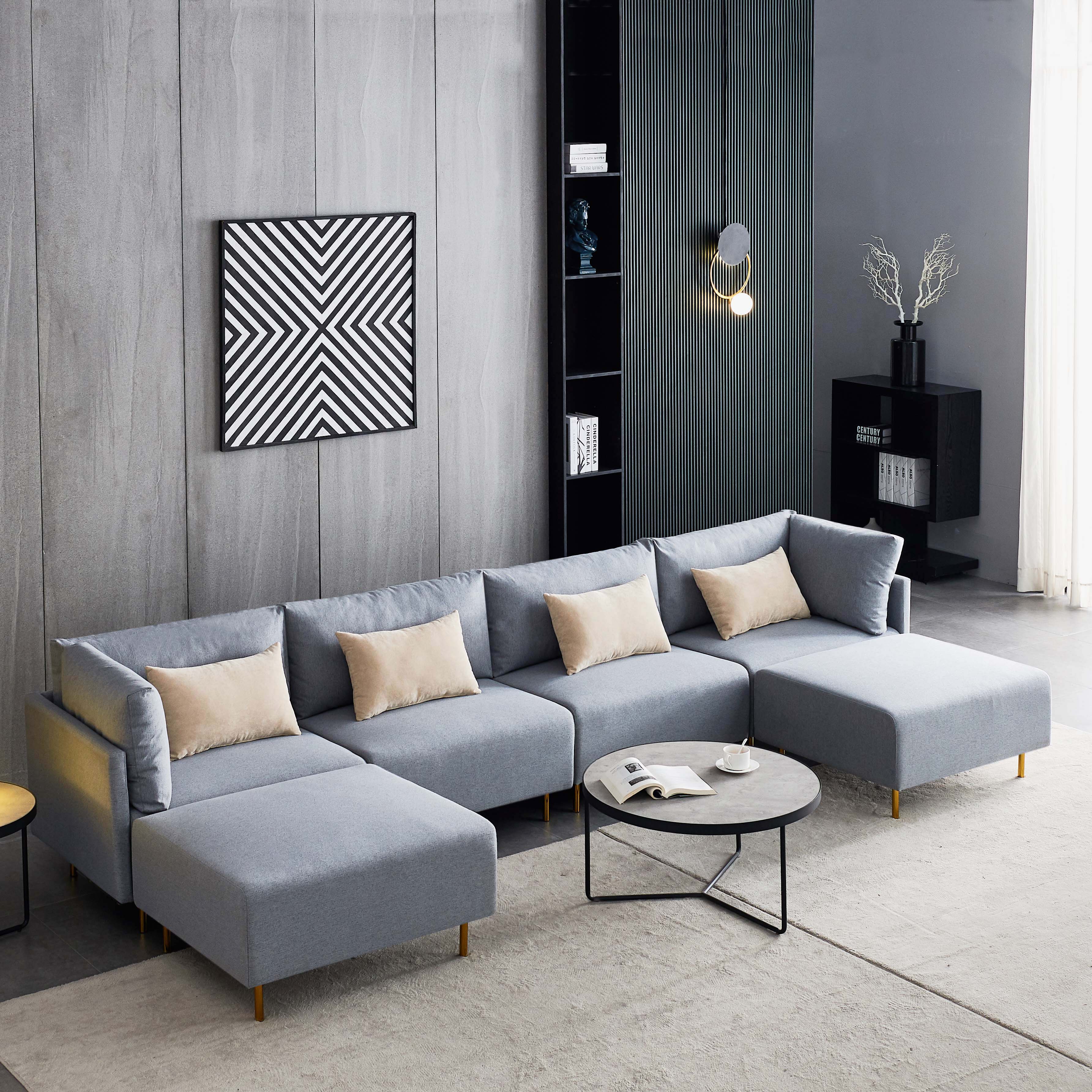 U Shape Gray Linen Sectional Sofa With
